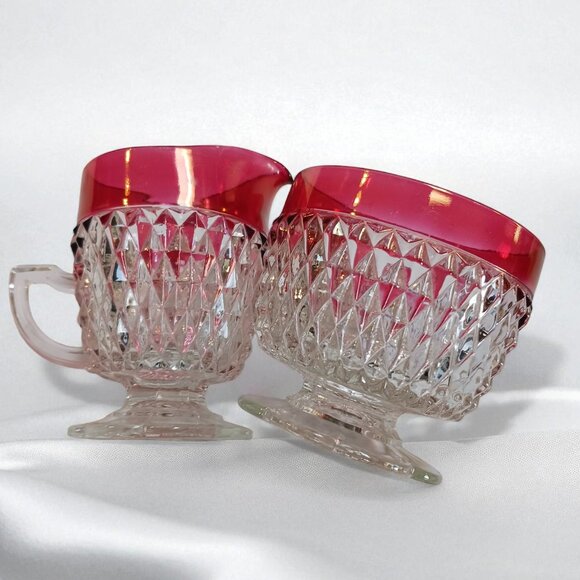 Vintage Indiana Glass Ruby Diamond Point Creamer & Sugar Set – Mid Century - Picture 9 of 11